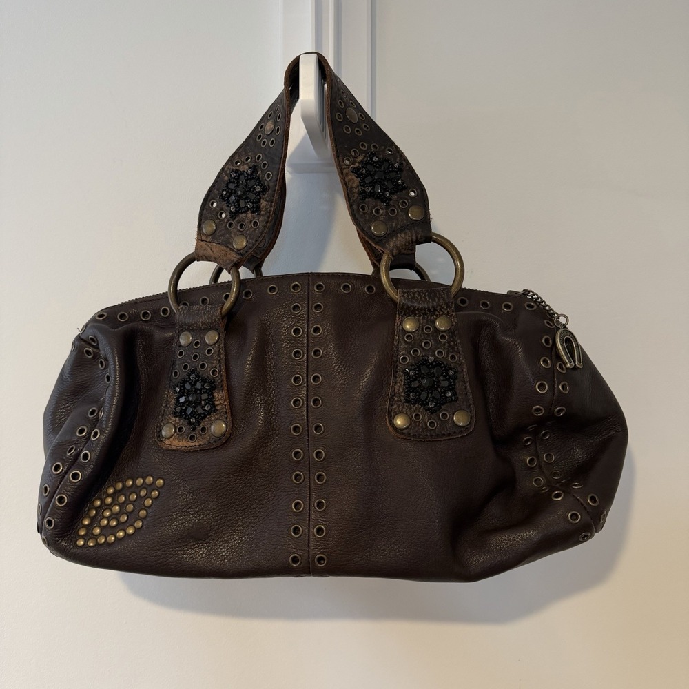 Vintage Betsey Johnson Shoulder Bag Brown Leather Medium Studded Hobo Purse Y2K